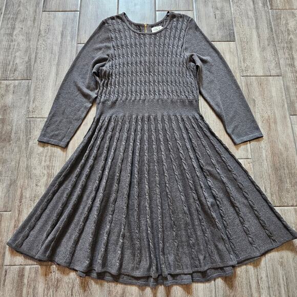 Eliza J Dress Women Size 2X Grey Long Sleeve Sweater Cable Fit Flare Swing Skirt - Picture 1 of 9